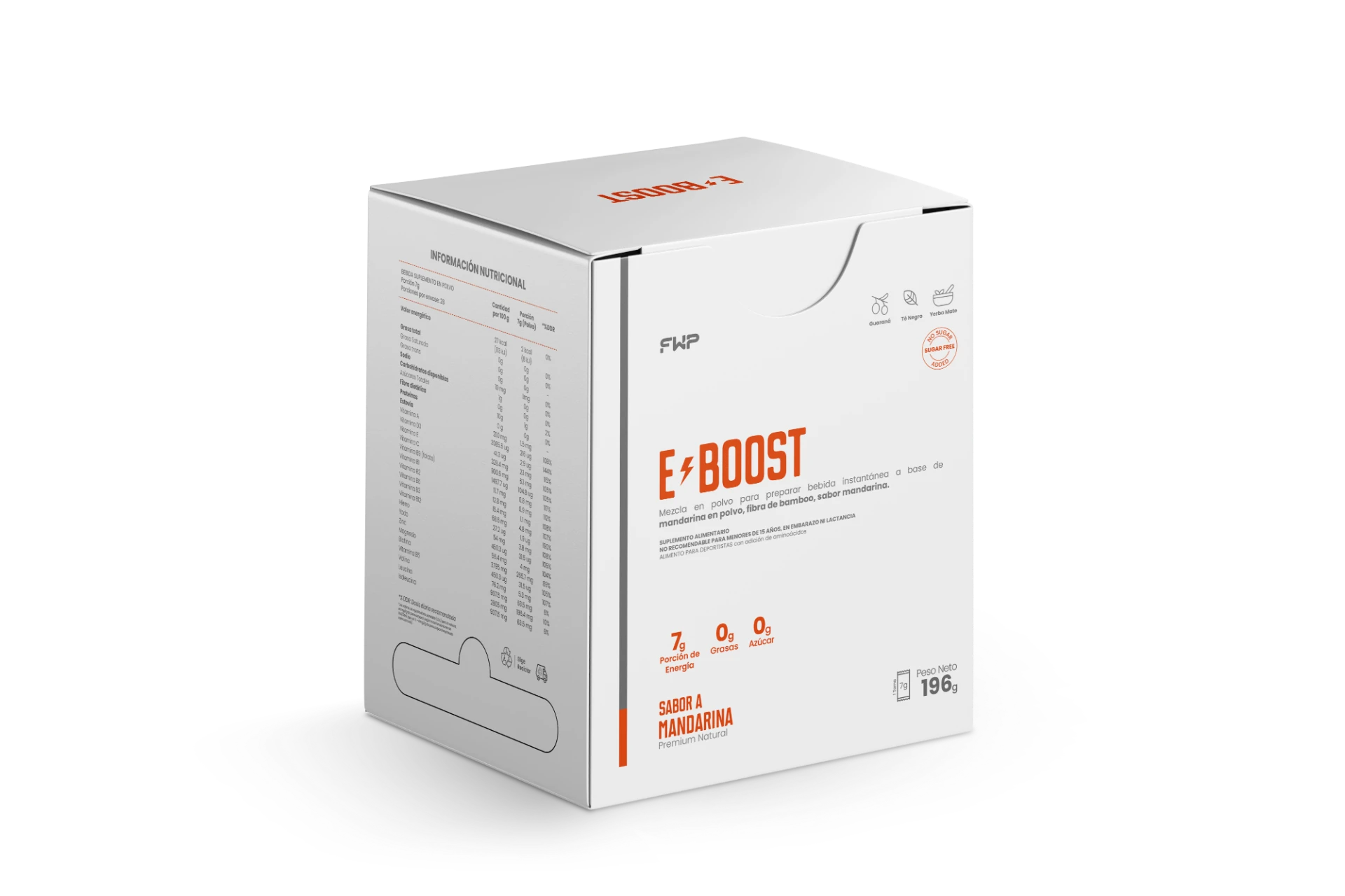 Caja de E-BOOST 196 g sabor mandarina, suplemento FWP Chile para energía y enfoque