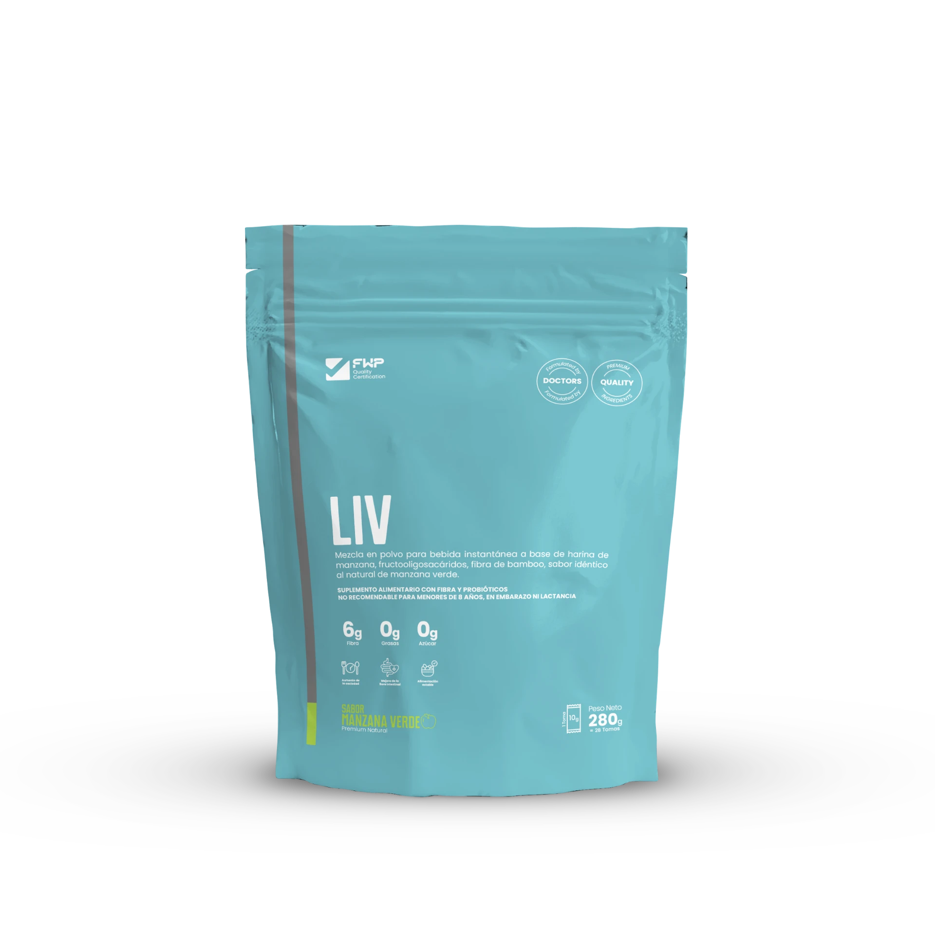 Doypack de LIV 280 g sabor manzana verde, suplemento FWP Chile con fibra y probióticos